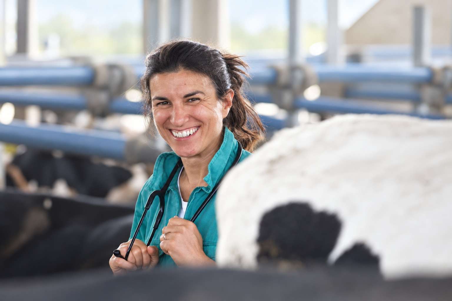 Emanuela Sorgia tra le bovine con lo stetoscopio