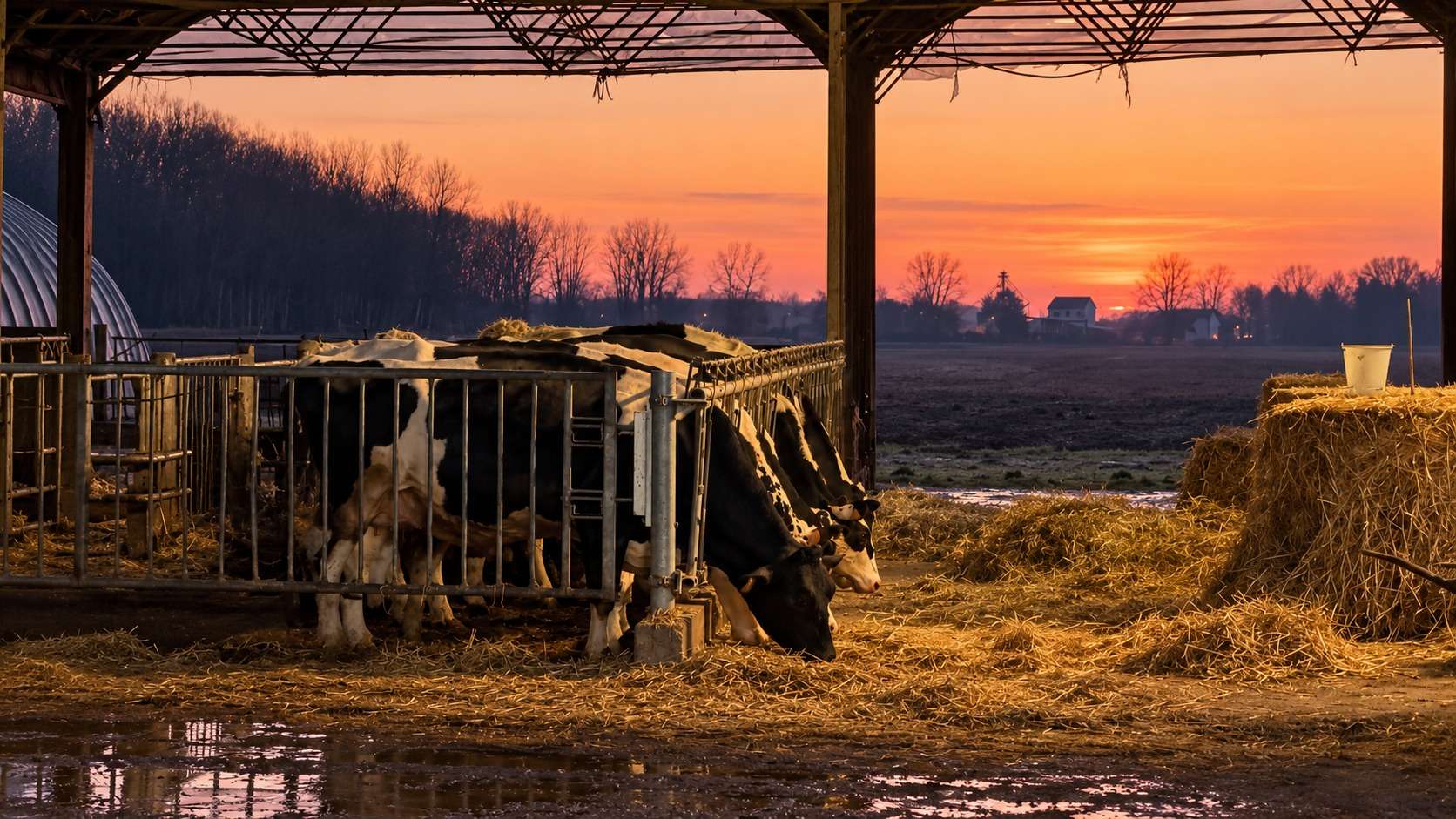 Stalla di bovine da latte al tramonto